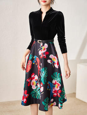 名媛气质，优雅丝绒拼接印花小众设计显瘦连衣裙子女装WLZD-2320607