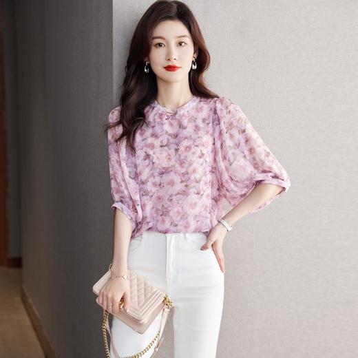 2023夏季新款雪纺衫五分袖衬衫女大码T恤圆领小衫5016 商品图1