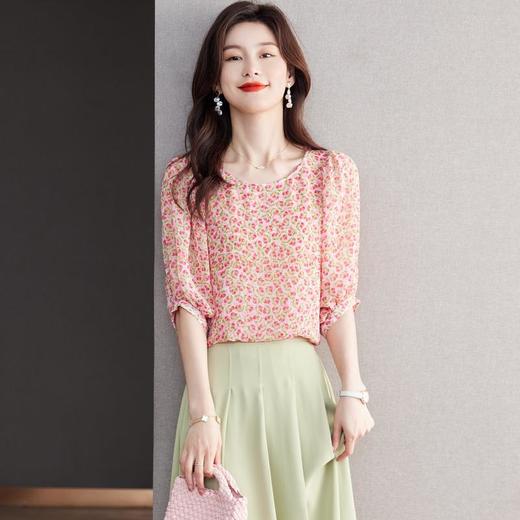 2023夏季新款雪纺衫五分袖衬衫女大码T恤圆领小衫5018 商品图1