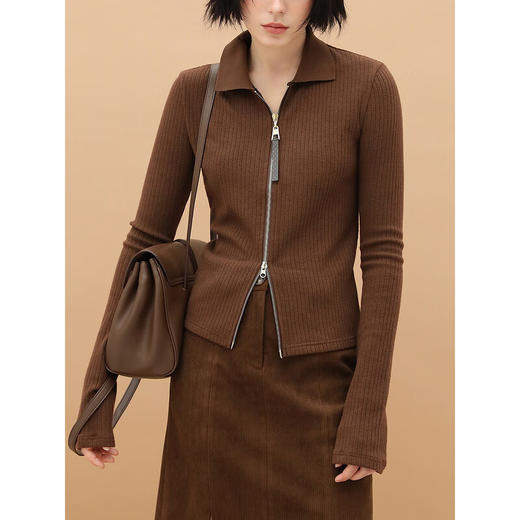 【秒杀】COCOBELLA双头金属拉链针织外套美拉德风坑条开衫上衣SE523B 商品图2