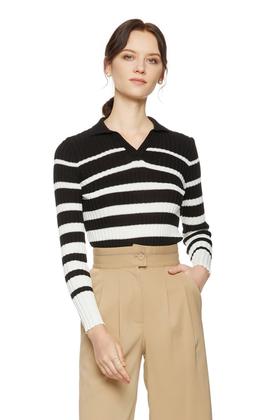 SUMMER & SAGE 黑白条纹小V领毛衫 7812