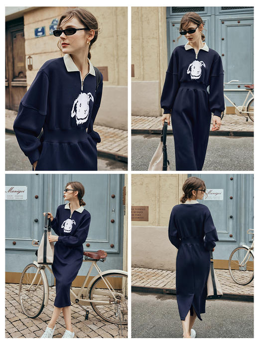 欧芮儿长袖Polo领卫衣连衣裙女高级感秋季2023年新款收腰长款休闲 商品图1