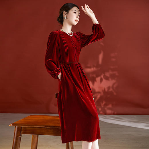 高贵气质时尚长袖，真丝丝绒连衣裙SM-82395700 商品图1