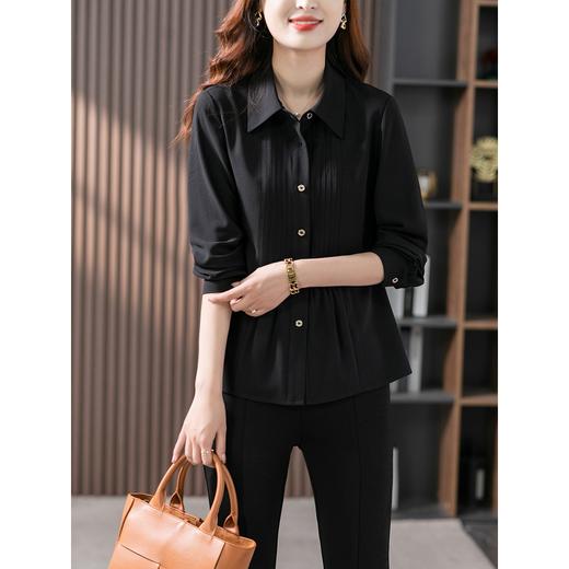 【现货7天】黑色设计感褶皱衬衫女2023夏季新款韩版显瘦简约气质长袖上衣 商品图1