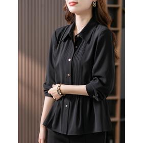 【现货7天】黑色设计感褶皱衬衫女2023夏季新款韩版显瘦简约气质长袖上衣