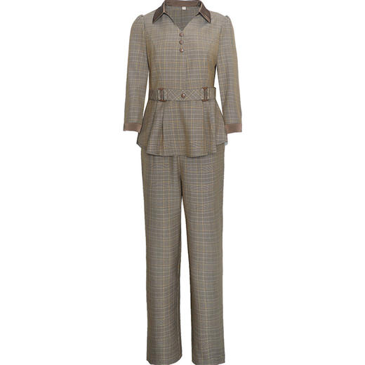 DD-时尚格纹两件套秋季新款职业女装长袖上衣直筒长裤优雅气质套装 商品图4