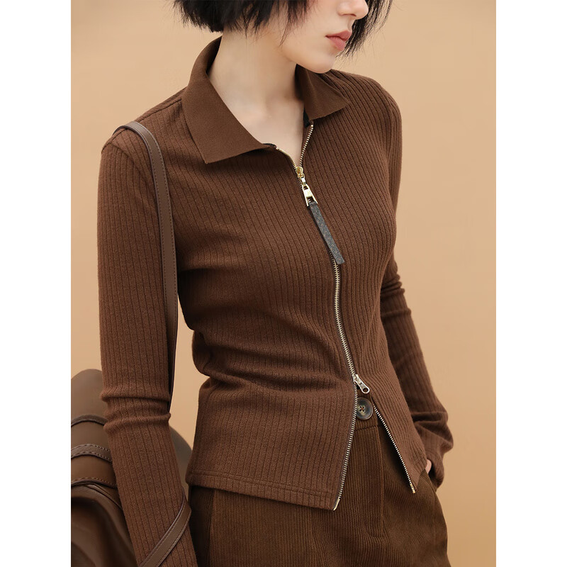 【秒杀】COCOBELLA双头金属拉链针织外套美拉德风坑条开衫上衣SE523B