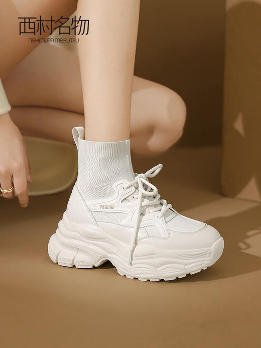 西村名物2023秋季新款厚底休闲运动弹力连袜短靴袜靴老爹鞋T23DS44111 商品图0