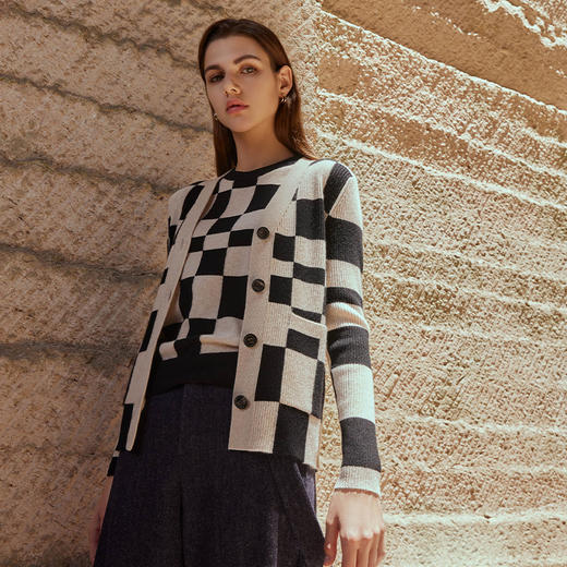 【纯羊绒格子开衫】羊绒世家23年秋冬新品女士100%山羊绒针织开衫时尚修身外套 商品图2