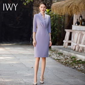 IWY/洋气紫色职业连衣裙女御姐范V领气质中袖西装裙子职场通勤服装Q886