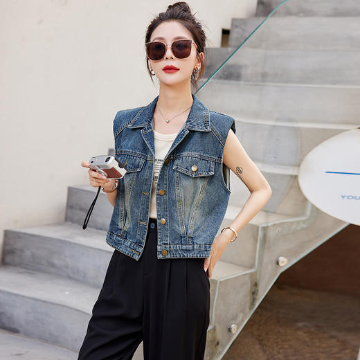 HR WA33209马甲韩版宽松显瘦气质翻领牛仔无袖背心 商品图3