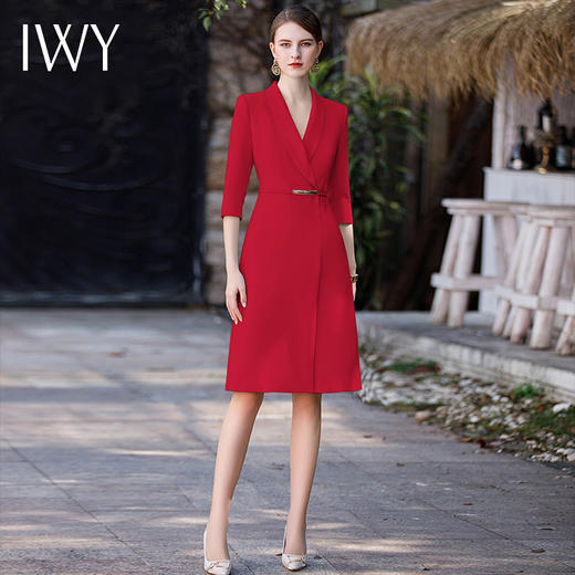 IWY/高端红色西装连衣裙女时尚气质宴会礼服春秋A型Q7710 商品图0