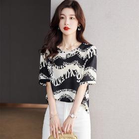 2023夏季新款雪纺衫短袖衬衫女大码T恤圆领小衫洋气5011