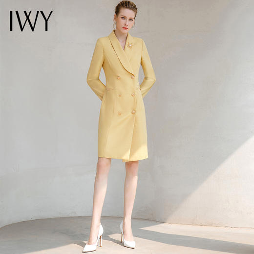 IWY/高端洋气黄色连衣裙长袖主持人职业装女时尚双排扣西装裙233043Q1 商品图1