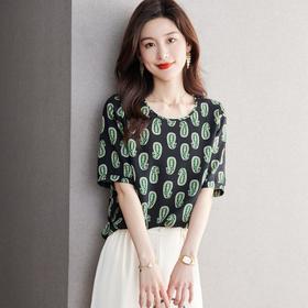 2023夏季新款雪纺衫短袖衬衫女大码T恤圆领小衫洋气5025