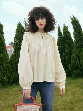 OLrain欧芮儿奶油杏蕾丝雪纺衫女初秋2023年新款宽松法式系带小衫