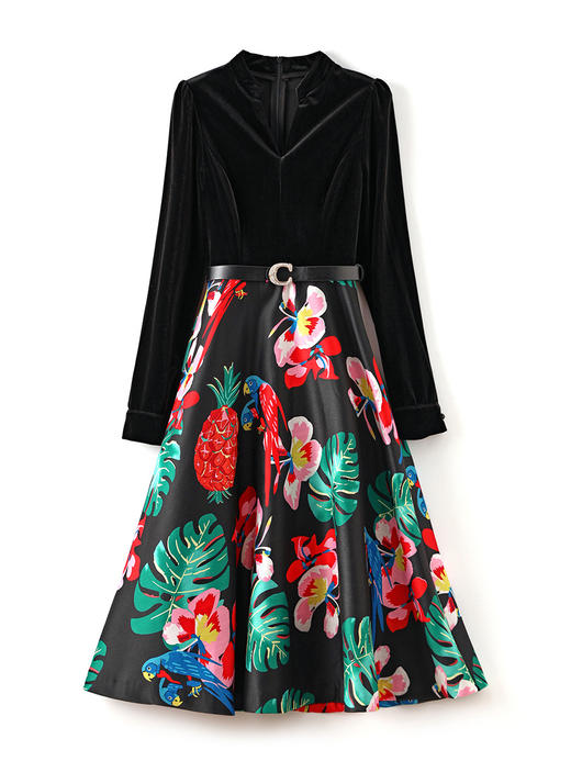 名媛气质，优雅丝绒拼接印花小众设计显瘦连衣裙子女装WLZD-2320607 商品图4