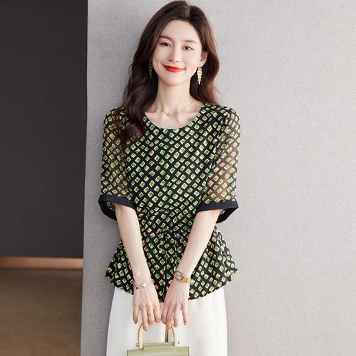 2023夏季新款雪纺衫五分袖衬衫女大码T恤圆领小衫5026 商品图0