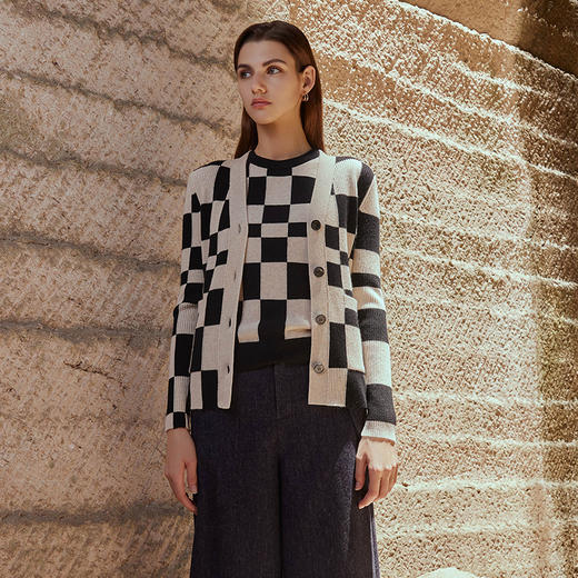 【纯羊绒格子开衫】羊绒世家23年秋冬新品女士100%山羊绒针织开衫时尚修身外套 商品图0