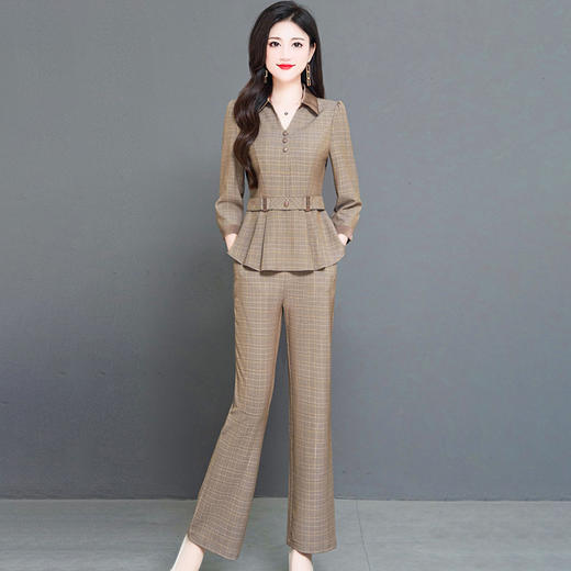 DD-时尚格纹两件套秋季新款职业女装长袖上衣直筒长裤优雅气质套装 商品图0