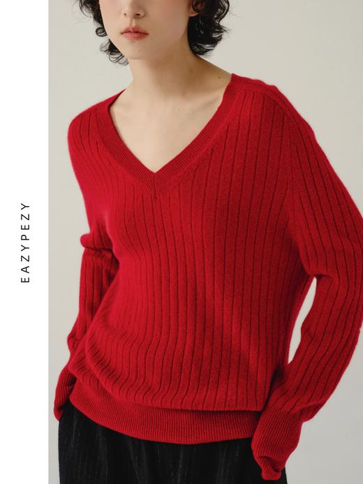 EAZYPEZY 2023AW V领坑条羊绒衫 商品图2