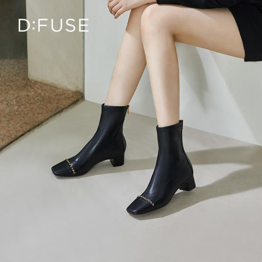 Dfuse迪芙斯秋冬新款方头小香风弹力短靴瘦瘦靴女DF34116277 商品图9