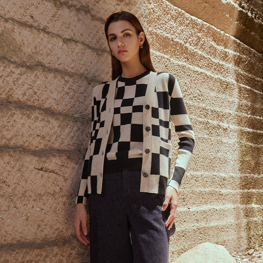 【纯羊绒格子开衫】羊绒世家23年秋冬新品女士100%山羊绒针织开衫时尚修身外套 商品图1