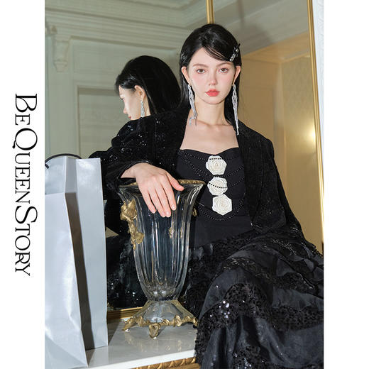 BeQueenStory【茶花晚宴】时尚名媛风法式小众显瘦优雅性感吊带女 商品图3