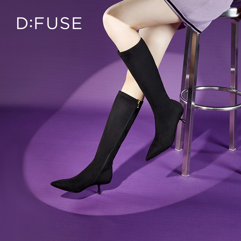 Dfuse迪芙斯秋冬新款尖头细跟高跟弹力长靴瘦瘦靴DF34117079