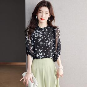 2023夏季新款雪纺衫五分袖衬衫女大码T恤圆领小衫5019