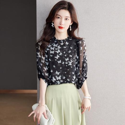 2023夏季新款雪纺衫五分袖衬衫女大码T恤圆领小衫5019 商品图0