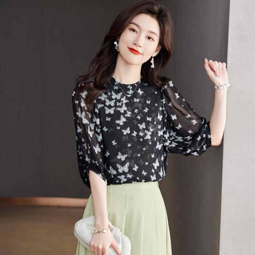 2023夏季新款雪纺衫五分袖衬衫女大码T恤圆领小衫5019 商品图1