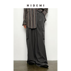 HIDEMI 工装设计感大口袋抽绳腰带式中低腰阔腿裤 黑色/灰色
