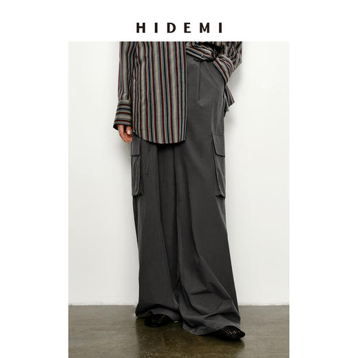 HIDEMI 工装设计感大口袋抽绳腰带式中低腰阔腿裤 黑色/灰色 商品图0