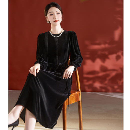 高贵气质时尚长袖，真丝丝绒连衣裙SM-82395700 商品图3