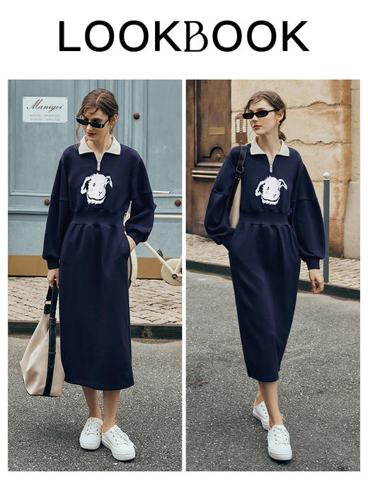 欧芮儿长袖Polo领卫衣连衣裙女高级感秋季2023年新款收腰长款休闲 商品图3