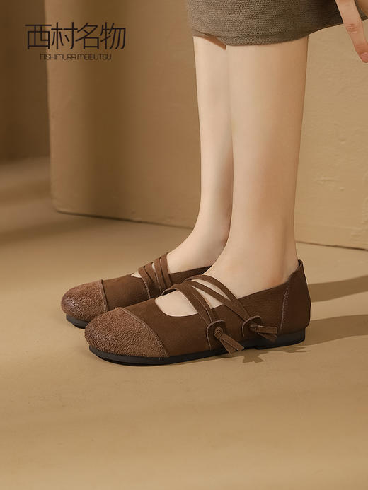 西村名物2023秋季新款法式复古圆头真皮平底森系气质单鞋女T23CE34851 商品图2