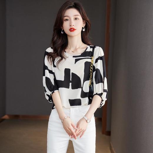 2023夏季新款雪纺衫七分袖衬衫女大码T恤圆领小衫5009 商品图1