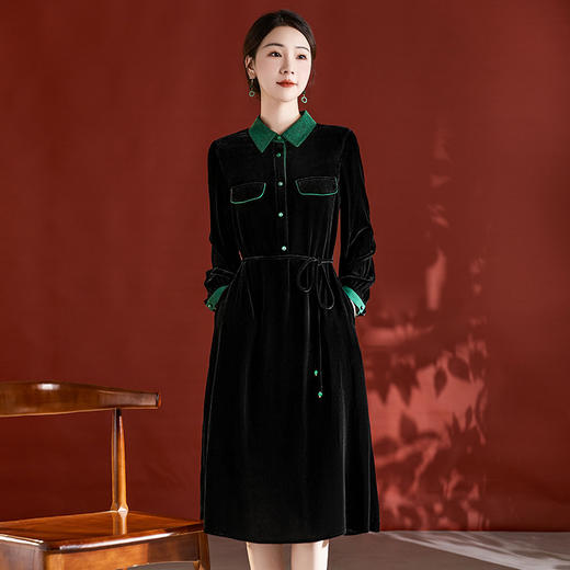 高贵气质时尚长袖，翻领真丝丝绒连衣裙SM-82395620 商品图0