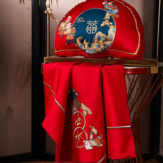 【品牌直发】加倍生活 100支长绒棉婚庆四件套/六件套 龙凤百子/锦绣佳缘/春色满园/家和人兴/幸福婚约-金/红/锦绣牡丹 商品图2