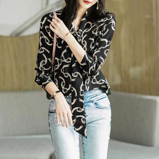 港风2023秋装新款雪纺衫长袖衬衫女印花女士衬衣系带2121 商品图3