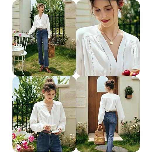 OLrain欧芮儿法式白色V领衬衫女夏季2023新款宽松镂空灯笼袖衬衣 商品图2