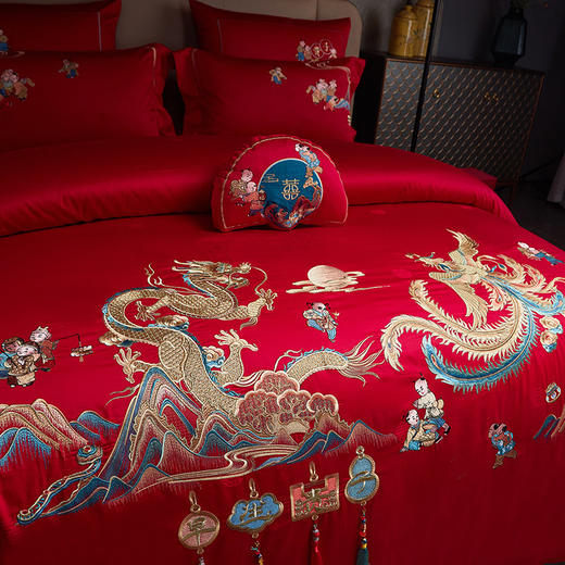 【品牌直发】加倍生活 100支长绒棉婚庆四件套/六件套 龙凤百子/锦绣佳缘/春色满园/家和人兴/幸福婚约-金/红/锦绣牡丹 商品图5
