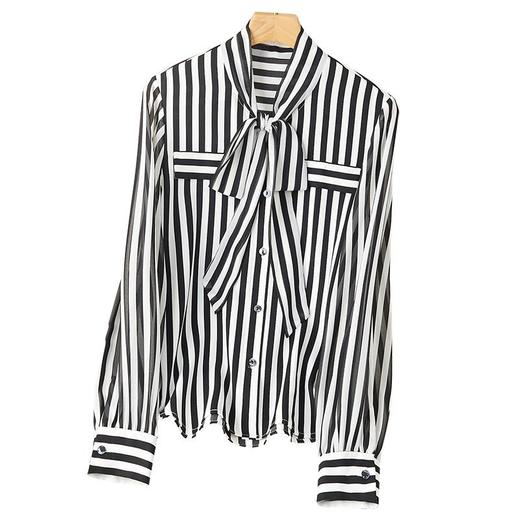 2023秋装新款衬衫女长袖条纹系带优雅女士衬衣雪纺衫1871 商品图4