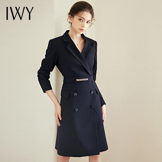 IWY/藏青色收腰连衣裙早秋新款长袖小个子气质高级感小香风裙子工作服22C125 商品图0