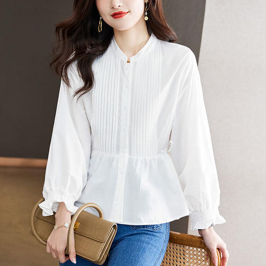 仙气减龄，法式风琴褶白色衬衫女长袖上衣HR-KFG33014 商品图0