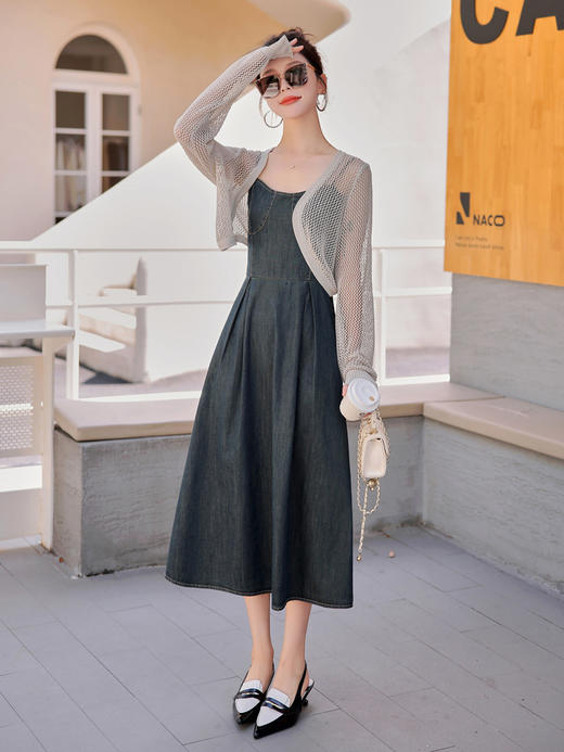 时尚休闲外搭纯色针织，小披肩牛仔吊带连衣裙两件套HR-YKSL606 商品图4