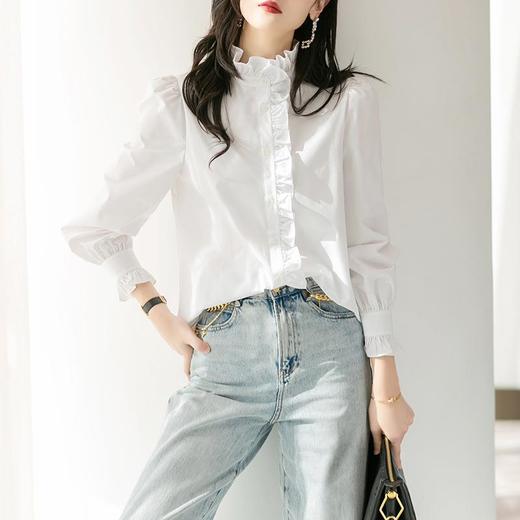 2023秋装新款立领荷叶边衬衫女长袖纯棉女士衬衣大码 商品图2