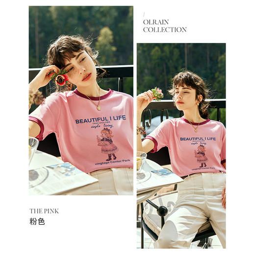 OLrain欧芮儿法式粉色短袖T恤女夏季2023年新款宽松印花百搭上衣 商品图1