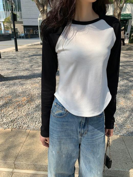 【YW】无忧购秋季青春洋溢美少女调调调耐穿不易起球插肩袖下摆弧形撞色打底衫2024-1 商品图4